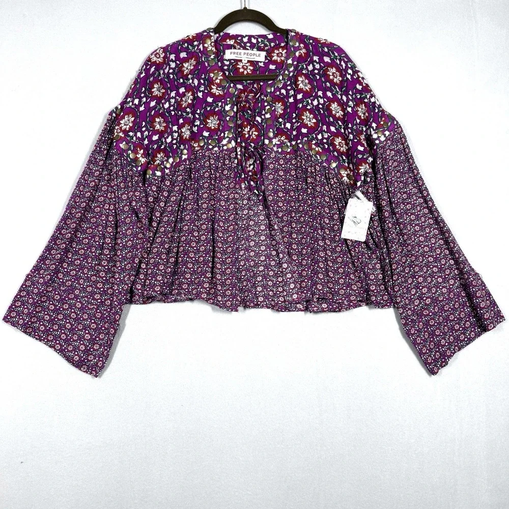 Free People Top Womens XS Malia Babydoll Jacket Embellished Floral Tie Front NWT